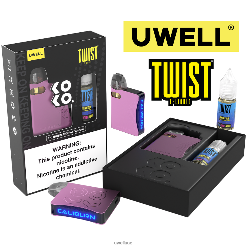 UWELL CALIBURN AK3 كيت + بودات ايه 3 اس 0.8 اوم (x2) + بابا دادى 10 مل املاح 50 ملجم CRL: وردي/FLV: عصير ليمون توت متنوع 40H4P4246 | UWELL طريقة استخدام
