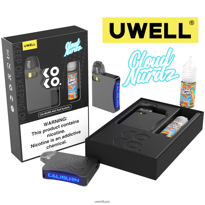 UWELL CALIBURN AK3 كيت + بودات ايه 3 اس 0.8 اوم (x2) + بابا دادى 10 مل املاح 50 ملجم CRL: رمادي/FLV: خوخ التوت الأزرق 40H4P4247 | UWELL DUBAI