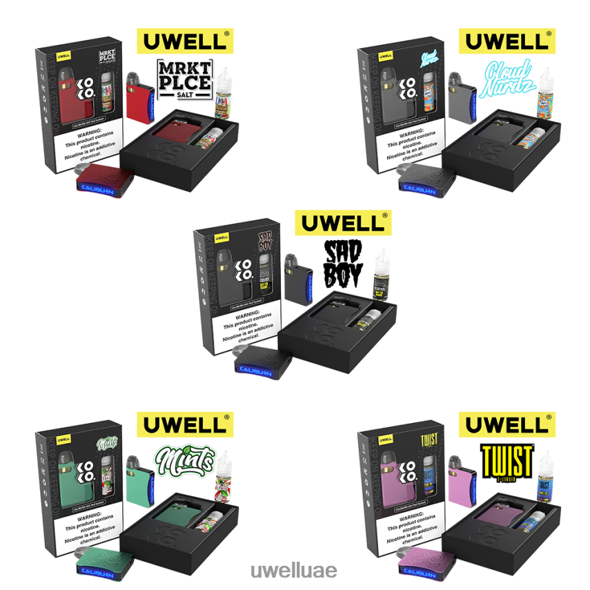 UWELL CALIBURN AK3 كيت + بودات ايه 3 اس 0.8 اوم (x2) + بابا دادى 10 مل املاح 50 ملجم CRL: رمادي/FLV: خوخ التوت الأزرق 40H4P4247 | UWELL DUBAI