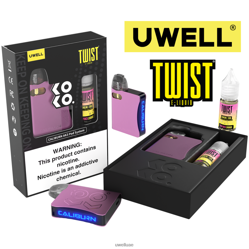 UWELL CALIBURN AK3 كيت + بودات ايه 3 اس 0.8 اوم (x2) + بابا دادى 10 مل املاح 50 ملجم CRL: رمادي/FLV: خوخ التوت الأزرق 40H4P4247 | UWELL DUBAI