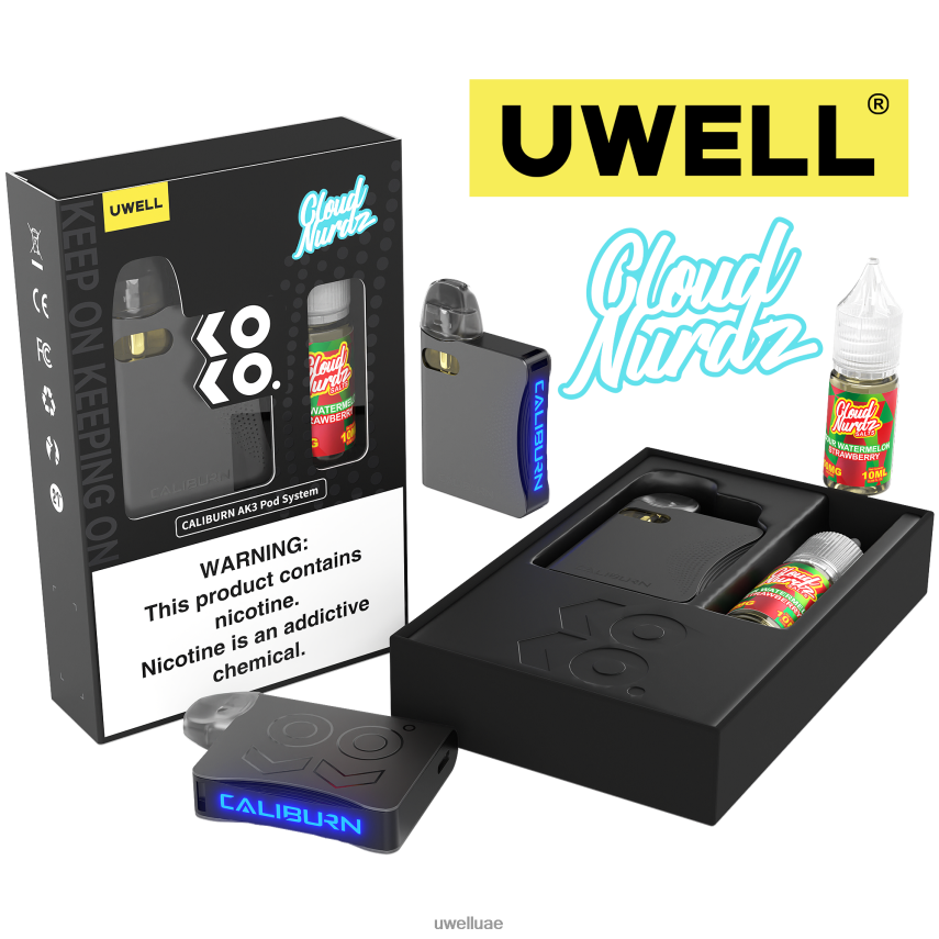 UWELL CALIBURN AK3 كيت + بودات ايه 3 اس 0.8 اوم (x2) + بابا دادى 10 مل املاح 50 ملجم CRL: رمادي/FLV: البطيخ الحامض والفراولة 50 ملغ 40H4P4240 | UWELL ONLINE SHOP