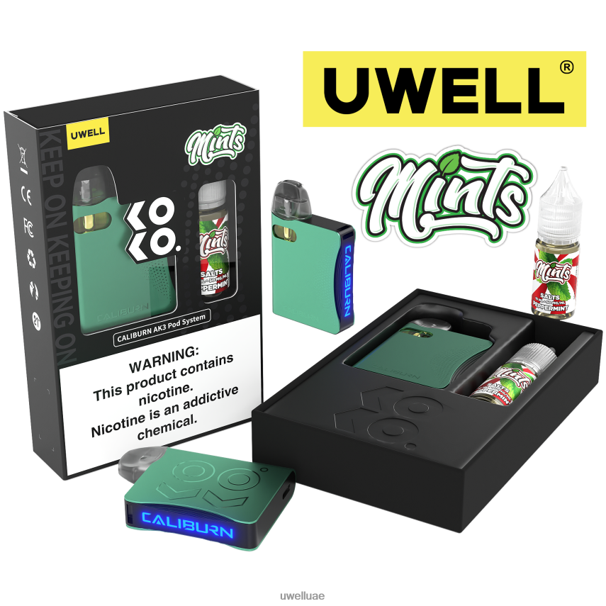 UWELL CALIBURN AK3 كيت + بودات ايه 3 اس 0.8 اوم (x2) + بابا دادى 10 مل املاح 50 ملجم CRL: سماوي/FLV: نعناع 50 ملغ 40H4P4242 | UWELL VAPE UAE