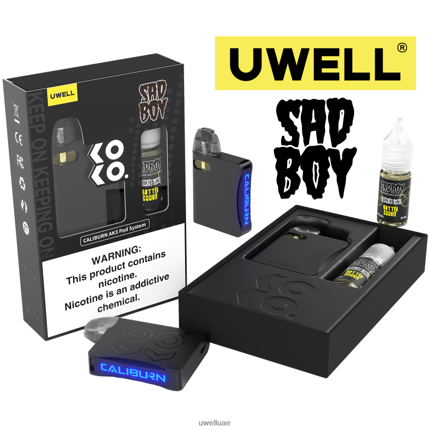UWELL CALIBURN AK3 كيت + بودات ايه 3 اس 0.8 اوم (x2) + بابا دادى 10 مل املاح 50 ملجم CRL: أسود/FLV: كوكي الكسترد 50 ملغ 40H4P4243 | UWELL ABU DHABI