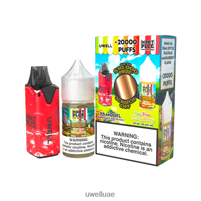 UWELL V6 جهاز استعمال مرة واحدة + عصير بابا 30 مل - باقة كولاب CLR: أحمر/FLV: فوجي كمثرى ومانجوبيري 48 ملغ 40H4P4209 | UWELL VAPE REVIEW