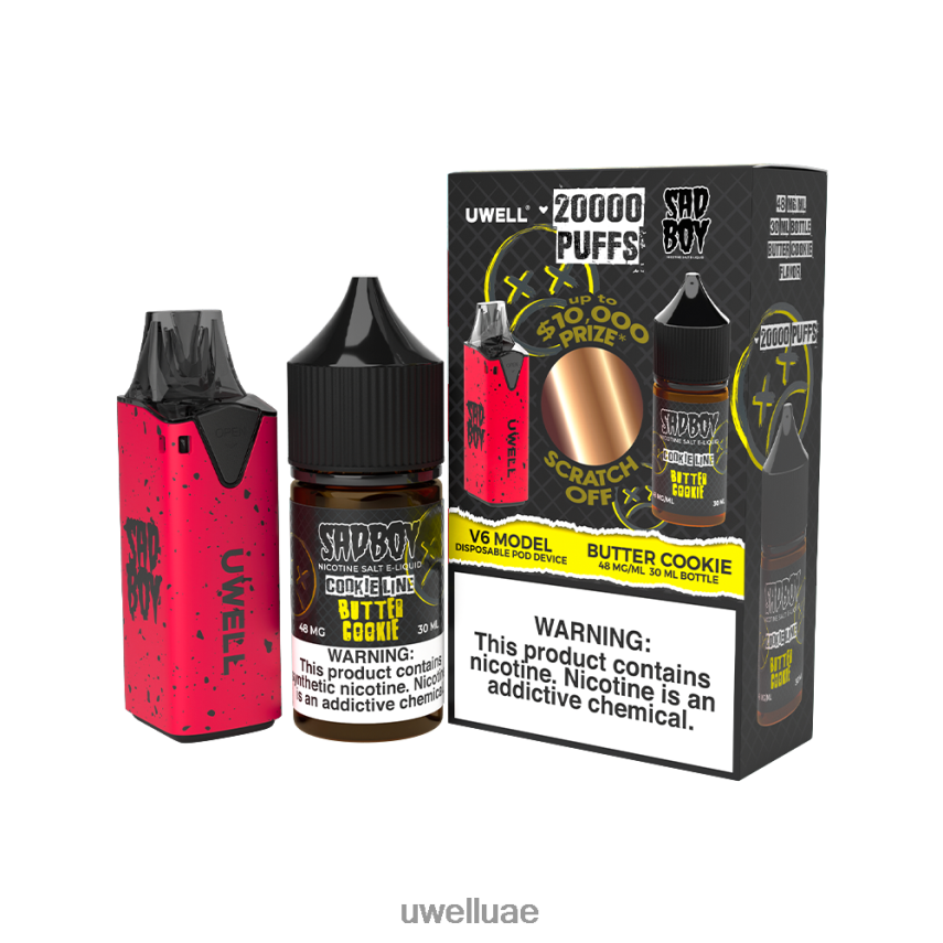 UWELL V6 جهاز استعمال مرة واحدة + عصير بابا 30 مل - باقة كولاب CLR: أحمر/FLV: بسكويت الزبدة 48 ملغ 40H4P4212 | UWELL VAPE UAE