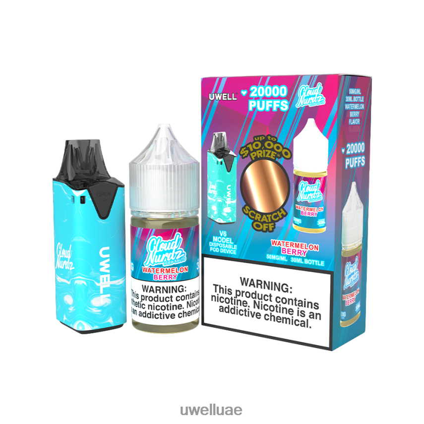 UWELL V6 جهاز استعمال مرة واحدة + عصير بابا 30 مل - باقة كولاب CLR: أزرق/FLV: توت البطيخ المثلج 50 ملغ 40H4P4206 | UWELL طريقة استخدام